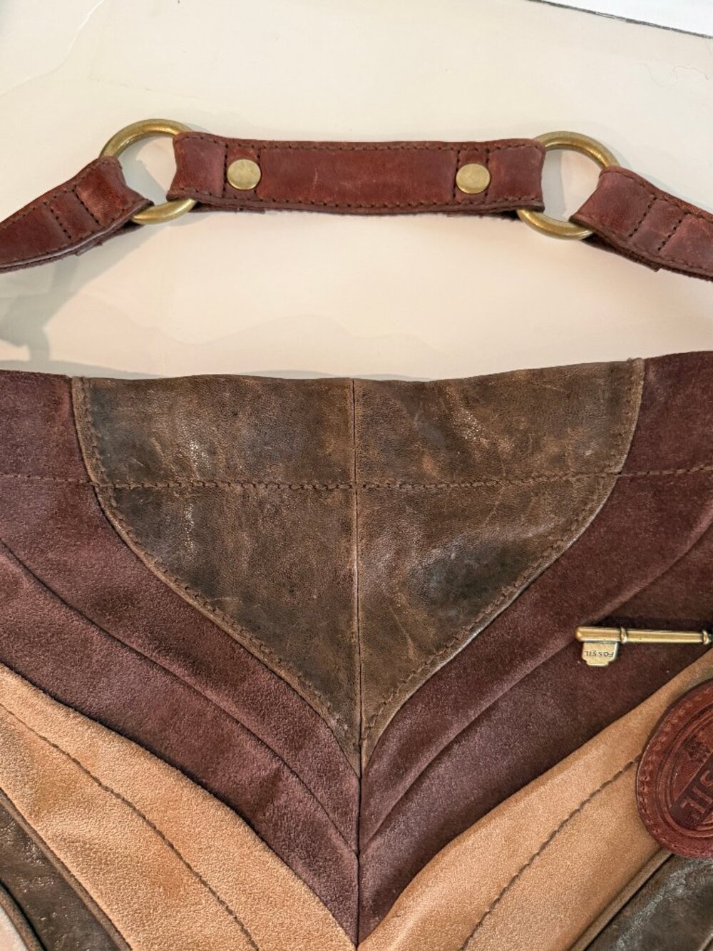 Vintage Fossil Patchwork Leather Purse Brown Tan Boho Shoulder Bag Key Charm - Picture 5 of 5